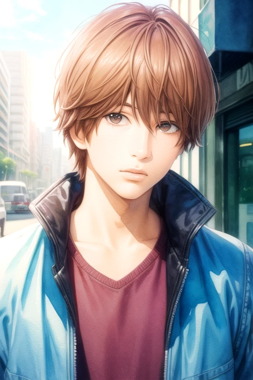masterpiece, best quality, illustration, 1boy, solo, male focus, looking at viewer, , depth of field, (watercolor illustration, soft pastel colors:1.1), realistic, <lora:makoto_sunakawa:0.74>, makoto_sunakawa, brown hair, brown eyes, jacket, pork pie hat, cyberpunk,