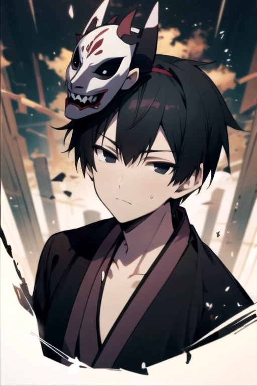 masterpiece, best quality, movie still, 1boy, solo, male focus, looking at viewer, , , , , <lora:kaikoku_onigasaki:0.72>, kaikoku_onigasaki, black hair, black eyes, mask on head, , grimdark, 32k resolution