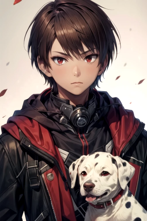 masterpiece, best quality, wallpaper, 1boy, solo, male focus, looking at viewer, , depth of field, , realistic, <lora:anya_kudou:0.66>, anya_kudou, brown hair, red eyes, dalmatian costume, dieselpunk,