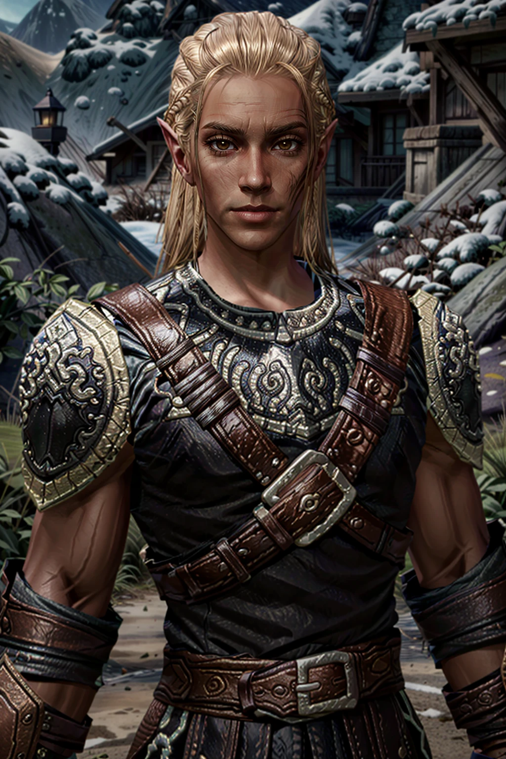 (masterpiece, best quality)
solo, long hair, looking at viewer, blonde hair, 1boy, closed mouth, upper body, male focus, pointy ears, dark skin, armor, scar, shoulder armor, pauldrons, realistic, ZevranDA, facial tattoo
<lora:epi_noiseoffset2:1>, <lora:add_detail:0.8>, <lora:ZevranDA:0.8>