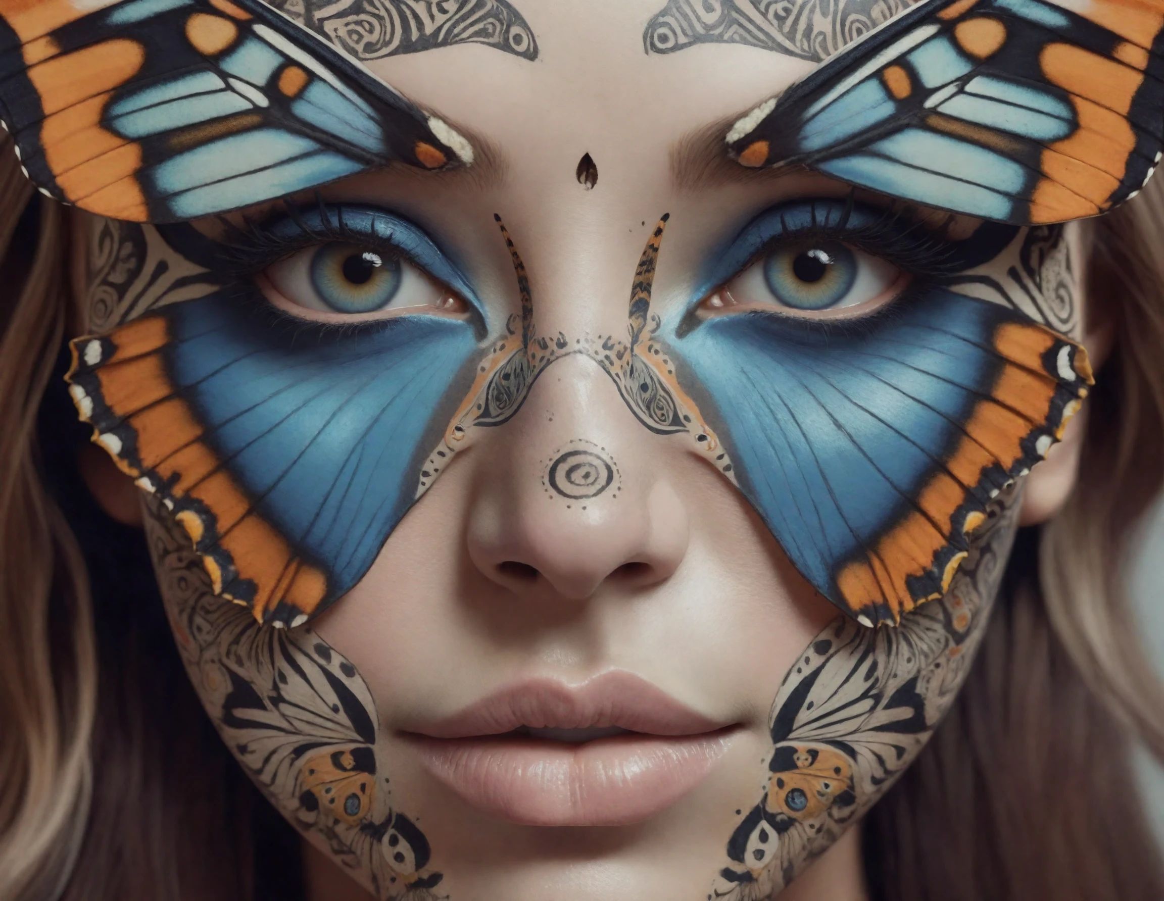 Highly detailed photo of a big butterfly on the nose of a woman with patterns on its wings looking like a face, artistic