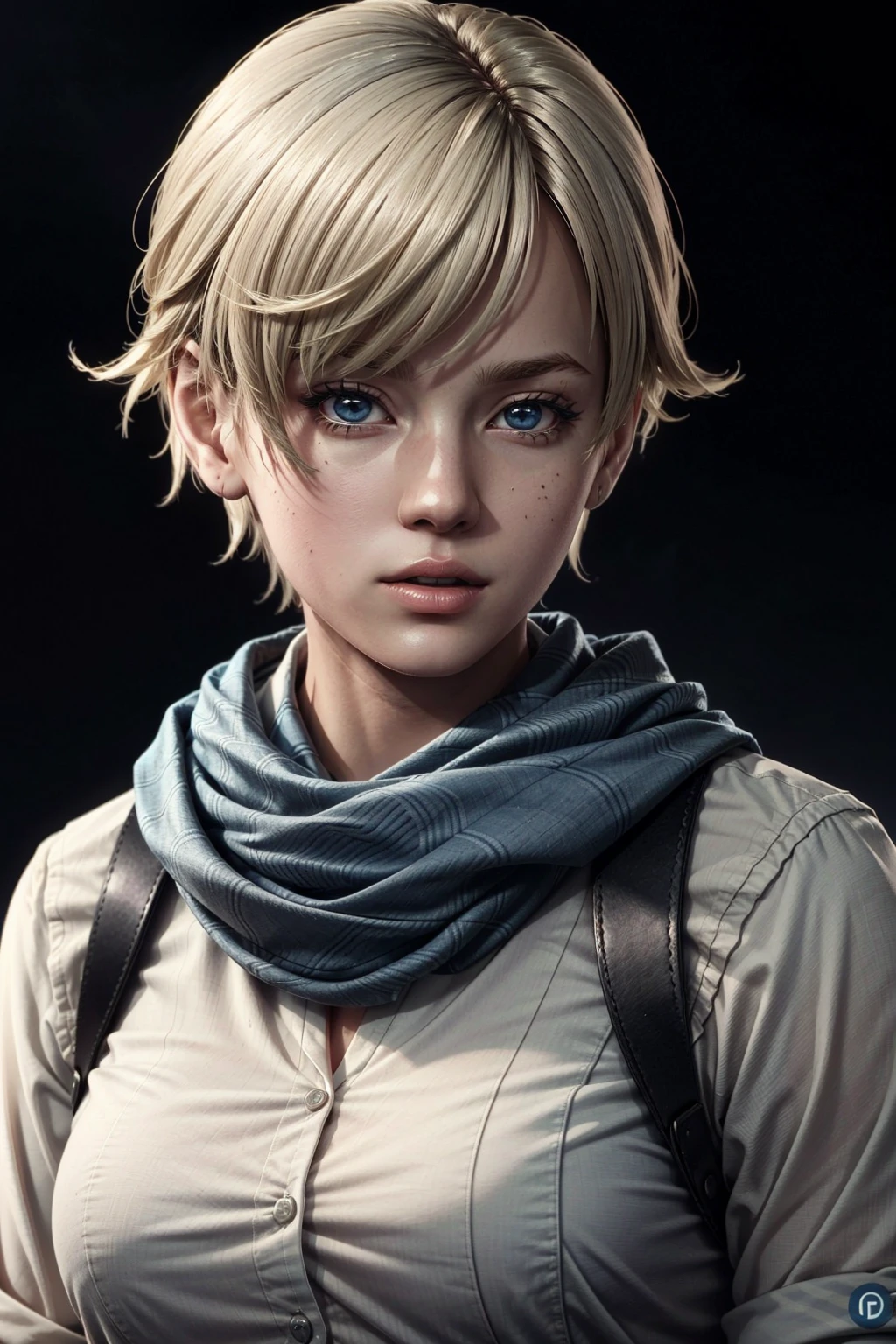 annie from the anime attack on titan, short hair, blonde hair, beautiful woman, beautiful, perfect body, perfect breasts, white shirt, brown jacket, cream pants, looking at the viewer, small smile, realism, masterpiece, textured skin, super detailed, detailed high, high quality, best quality, 1080p, 16k