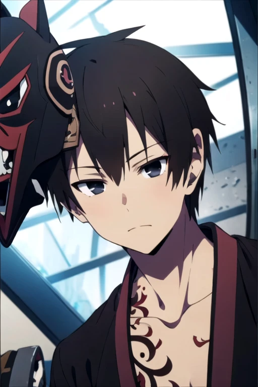 masterpiece, best quality, movie still, 1boy, solo, male focus, looking at viewer, , depth of field, anime coloring, , <lora:kaikoku_onigasaki:0.68>, kaikoku_onigasaki, black hair, black eyes, mask, mask on head, , ,