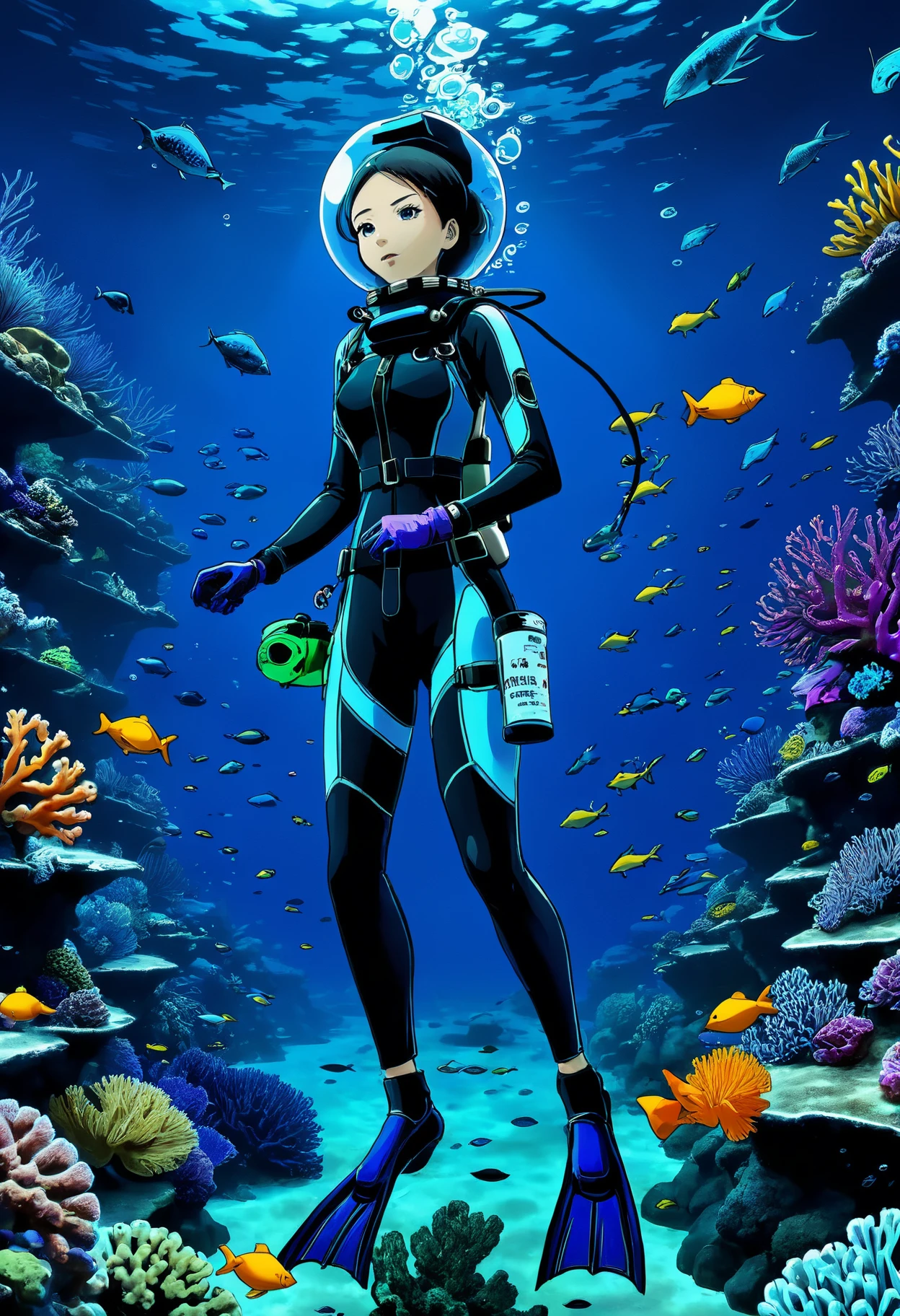 Pretty female scuba diver, (working in a high tech biological hazard lab:1.4), (inspecting test tubes with strange glowing content:1.4), mature, ((full body diving suit)), gloves, medium breasts, (1girl), (alone), ((underwater)), weight belt, ((lama scuba helmet)), (diving watch), (black fins), fish school, [fish], (coral reef), (alguae:1.3), ((deep sea)), (ocean abyss), ((dim blue lighting)), ((caustic effects)), detailed face, ((perfect anatomy)), ((perfectly drawn face)), ((perfectly drawn hands)), ((perfectly drawn eyes)), ((mysterious, dangerous, oppressing) atmosphere), anime still, wide angle view, best quality, masterpiece, ultra high res, ultra detailed, sharp focus, <lora:lama_scuba_helmet_xl-000012:0.85>