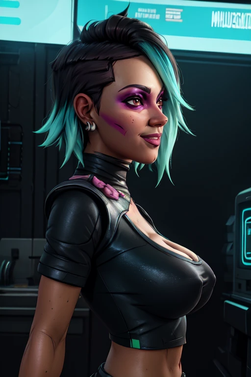 Lorelei, multicolored hair, brown eyes,
earrings, black shirt, face paint, midriff, gloves, cleavage,
upper body, solo, smile, abs, from side, covered nipples,
neon lights, futuristic city, cafe,
(insanely detailed, beautiful detailed face, masterpiece, best quality) <lora:Lorelei:0.7>