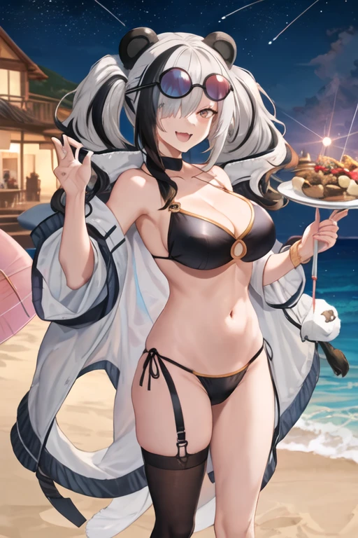 best quality, masterpiece, highres, solo, {night:1.10}, {starry sky:1.10}, beach, beautiful detailed sky, {extremely detailed background:1.20}, {feater_arknights:1.15}, {standing:1.10}, looking at viewer, {bikini:1.30}, animal_ears, black_hair, multicolored_hair, streaked_hair, panda_ears, grey_hair, twintails, breasts, smile, sunglasses, large_breasts, eyewear_on_head, long_hair, hair_over_one_eye, open_mouth, cleavage, fang, upper_body, bangs, round_eyewear, two-tone_hair, light smile
