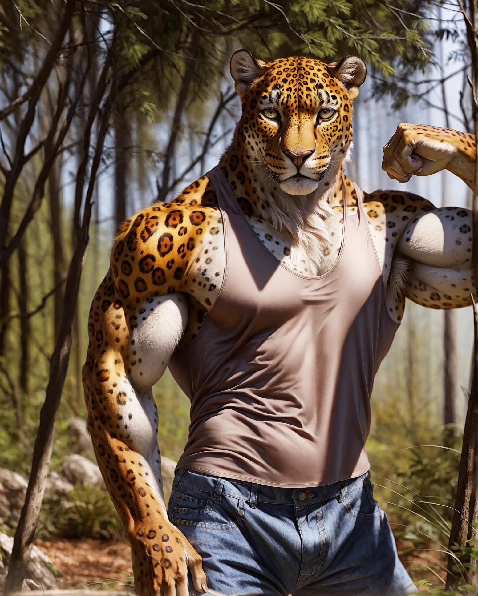 anthro, jaguar, male, adult, muscular, veiny muscles, flexing, tank top, jeans, realistic fur, detailed background, wilderness background, realistic, photorealistic, ultra realistic, 8k,
