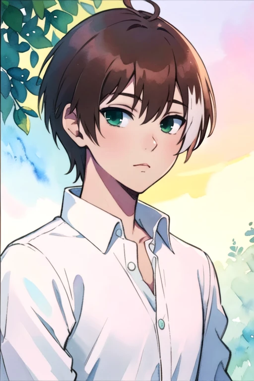masterpiece, best quality, photorealistic, 1boy, solo, male focus, looking at viewer, , , (watercolor illustration, soft pastel colors:1.1), realistic, <lora:akatsuki_iride:0.66>, akatsuki_iride, brown hair, green eyes, multicolored hair, white hair, , ,
