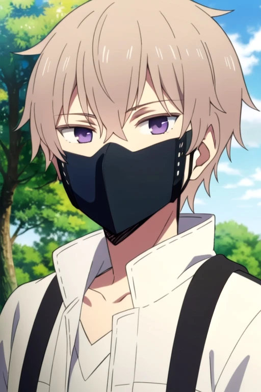 masterpiece, best quality, game cg, 1boy, solo, male focus, looking at viewer, upper body, , (watercolor illustration, soft pastel colors:1.1), , <lora:zakuro_oshigiri:0.72>, zakuro_oshigiri, brown hair, purple eyes, mask, mouth mask