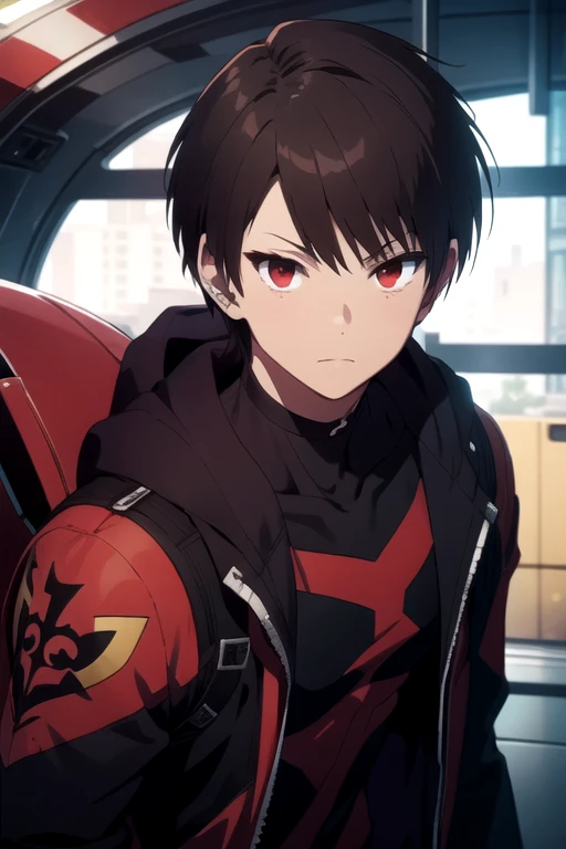 masterpiece, best quality, photorealistic, 1boy, solo, male focus, looking at viewer, upper body, , , realistic, <lora:anya_kudou:0.68>, anya_kudou, brown hair, red eyes, superhero costume, hangar,