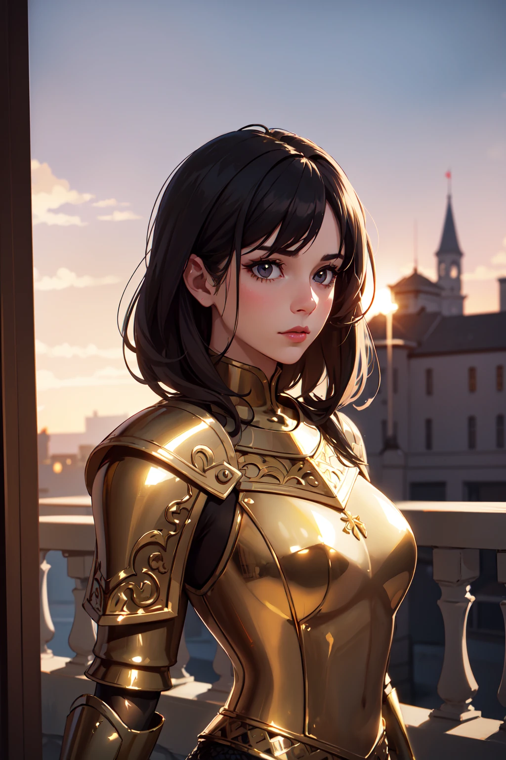 Portrait of a girl, the most beautiful in the world, (medieval gold shining armor), gold metal reflections, upper body, outdoors, intense sunlight, far away castle, professional photograph of a stunning woman detailed, perfect bobbed sexy intense black hair, sharp focus, dramatic, award winning, cinematic lighting, volumetrics dtx, (film grain, blurry background, blurry foreground, bokeh, depth of field, sunset,interaction, Perfect gold chainmail), (masterpiece), (extremely intricate:1.3), (realistic),