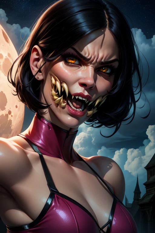Mileena, short black hair, yellow eyes, face focus, open mouth,
pink leotard, elbow gloves , angry, looking at viewer,
standing, upper body, close up, extra teeth,
open bridge, stars, cloudy, moon,
(insanely detailed, beautiful detailed face, masterpiece, best quality)
<lora:Mileena-10v5:0.7>