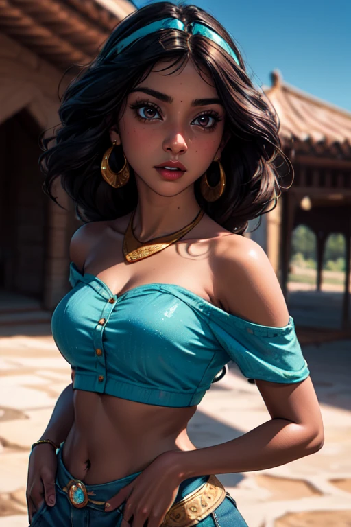 (masterpiece:1.2), (best quality), (ultra detailed), (8k, 4k, intricate),(full-body-shot:1.2),(cowboy:1.2),(highly detailed:1.2),(detailed face:1.2), (detailed background),(portrait),detailed landscape,(dynamic pose:1.2),<lora:more_details:0.5>, <lora:jasmine:0.7>jasmine 1girl, solo, long hair, breasts, black hair, navel, cleavage, bare shoulders, brown eyes, jewelry, earrings, midriff, dark skin, necklace, off shoulder, blurry, dark-skinned female, crop top, blue shirt, clenched hands, circlet, off-shoulder shirt, arabian clothes