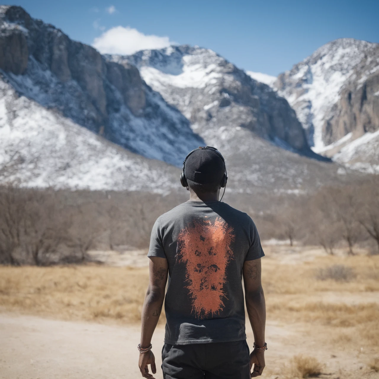 Spray paint style, shot from behind of a Exceptional beefy Bantu Male Filmmaker, background is [Rocky Mountain National Park|The Cliff Palace], Spring, tilt shift, Amusing, Graffiti Street Art, Vibrant Color, art by Agnes Martin,art by David Bomberg