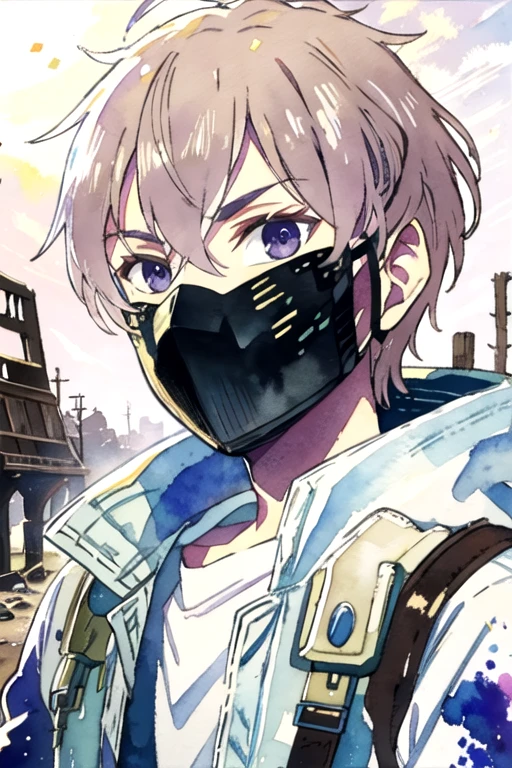 masterpiece, best quality, game cg, 1boy, solo, male focus, looking at viewer, , depth of field, (watercolor illustration, soft pastel colors:1.1), realistic, <lora:zakuro_oshigiri:0.72>, zakuro_oshigiri, brown hair, purple eyes, mask, mouth mask, , wasteland,