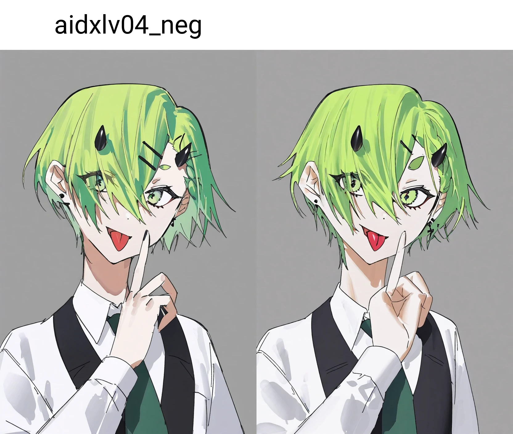 by kooork55, horns, 1girl, green hair, solo, tongue, tongue out, green eyes, necktie, white background, short hair, shirt, simple background, eyes visible through hair, white shirt, looking at viewer, earrings, jewelry, hairclip, hair ornament, collared shirt, upper body, hair over one eye