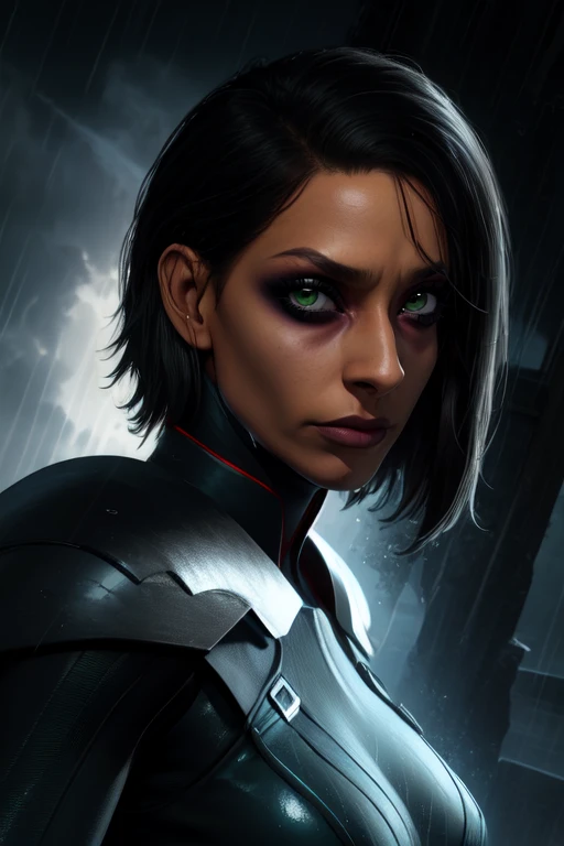 Trilla, short hair, green eyes, , eye shadow,
looking at viewer, serious, upper body, close up,
armor,gloves, tight, bodysuit, black cape, black pants,
raining,metal platform,night,
(insanely detailed, beautiful detailed face, masterpiece, best quality),
<lora:Trilla-10v5:0.8>