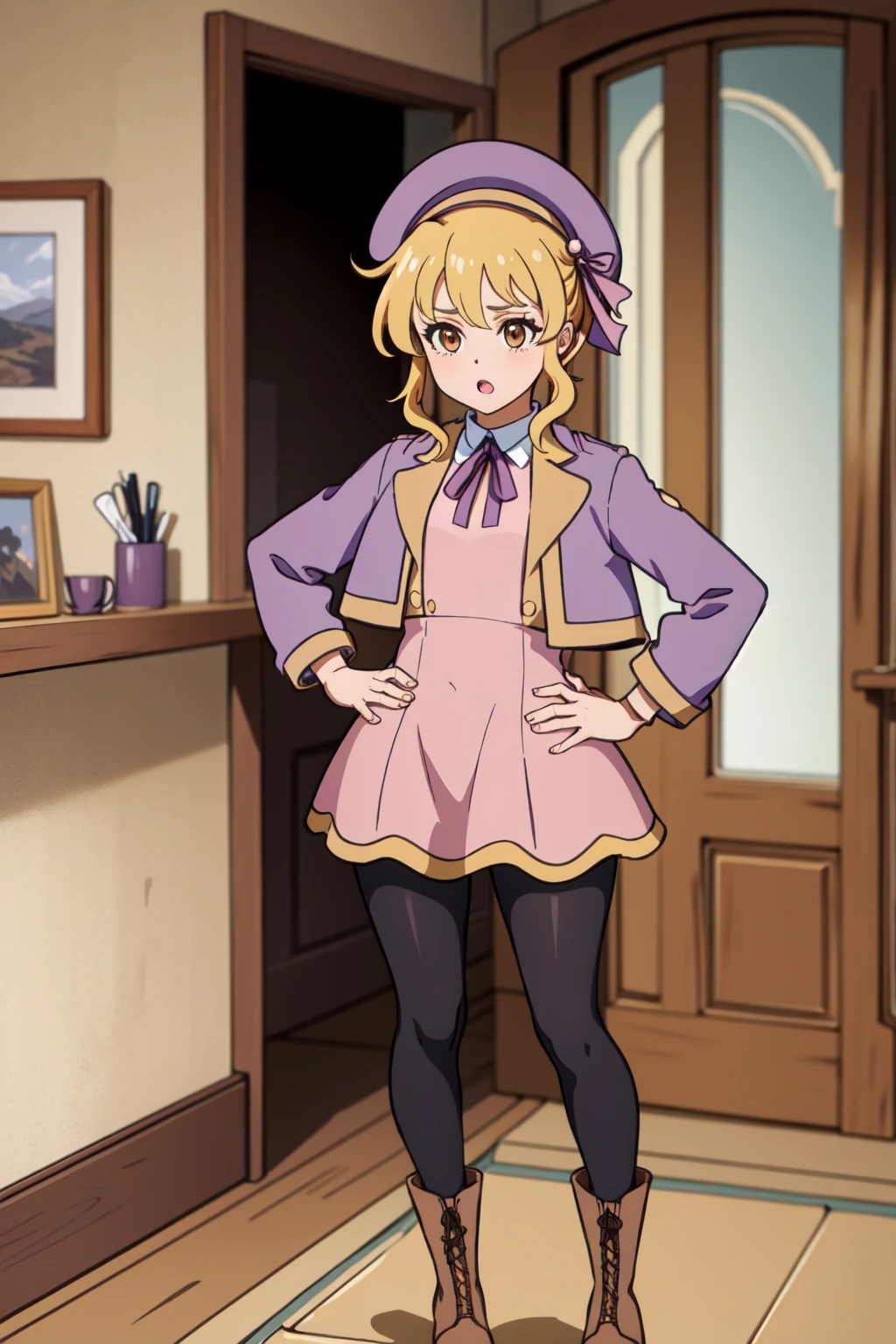 eleanor,solo,1girl,blonde hair,brown eyes,purple jacket,pink dress,hat,pontytail,pantyhose,full body,ribbon,boots,in stone castle,indoors,standing,facing viewer,small breasts,hands on hips,:o, <lora:Eleanor1:0.6>