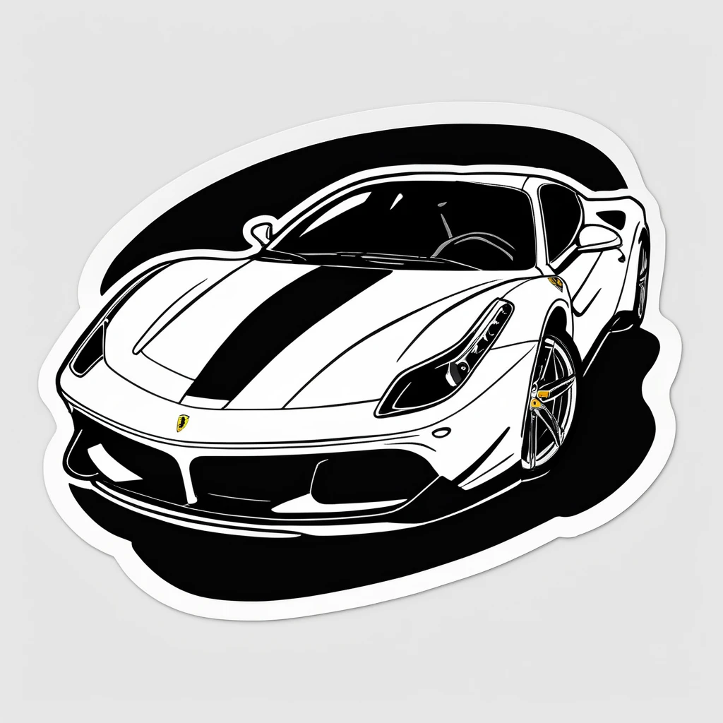 A ferrari car, black and white, (((sticker, stickers, <lora:StickersRedmond:1>)))