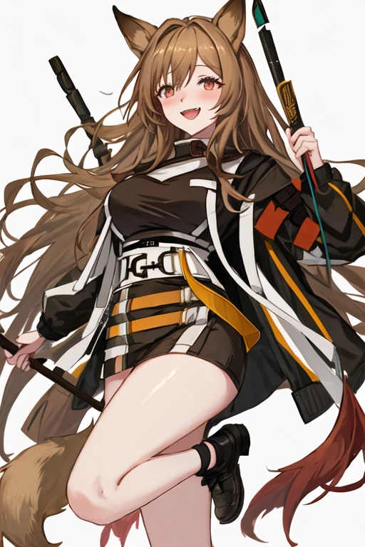 best quality, masterpiece, highres, solo, {ceobe_arknights:1.15}, animal_ears, long_hair, dog_ears, brown_hair, bangs, red_eyes, smile, dog_girl, open_mouth, breasts, blush, upper_body, hair_between_eyes, very_long_hair, 1girl, holding, holding_weapon, jacket, looking_at_viewer, simple_background, weapon, white_background