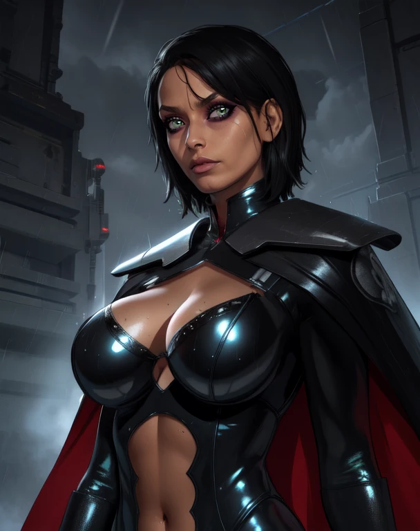 Trilla, short hair, green eyes, , eye shadow, cleavage cutout,
looking at viewer, serious, upper body, close up, covered navel,
gloves, tight, bodysuit, black cape, black pants,
raining,metal platform,night,
(insanely detailed, beautiful detailed face, masterpiece, best quality),
<lora:Trilla-10v5:0.8>