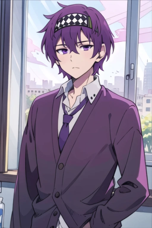 masterpiece, best quality, , 1boy, solo, male focus, looking at viewer, upper body, , (watercolor illustration, soft pastel colors:1.1), , <lora:makino_aikawa:0.72>, makino_aikawa, purple hair, purple eyes, native american costume, The City of Glas, High resolution
