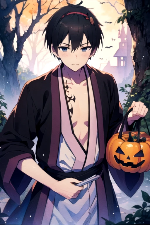 masterpiece, best quality, movie still, 1boy, solo, male focus, looking at viewer, upper body, , (watercolor illustration, soft pastel colors:1.1), , <lora:kaikoku_onigasaki:0.74>, kaikoku_onigasaki, black hair, black eyes, , halloween costume, A fairytale land where magical creatures live and thrive, 12k resolution