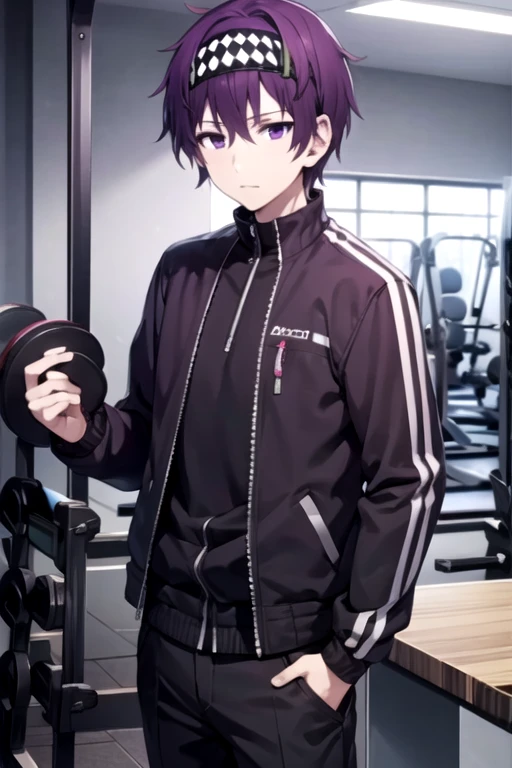 masterpiece, best quality, game cg, 1boy, solo, male focus, looking at viewer, , , anime coloring, , <lora:makino_aikawa:0.72>, makino_aikawa, purple hair, purple eyes, bomber jacket, , gym,