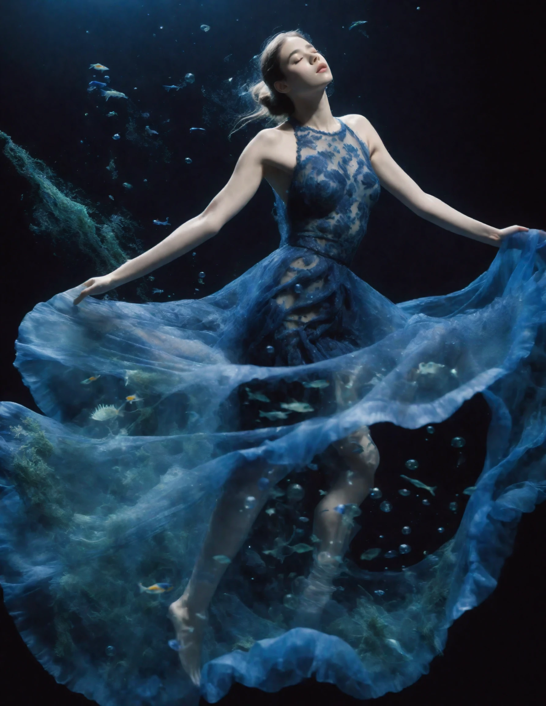 RAW photo, beautiful young woman 20years old with (intricate:1) embroidered Midnight Blue (transparent:0.5) dress, (blue fish around the model, particles suspended in the water, blue algae, air bubbles:1.5), (detailed skin:1.2), deformations due to the refraction of water, soft light, dark room, (black background:1.5), dramatic ligth. The Floating on Water Pose: Pose as if floating on water, creating a serene and ethereal look, 8k uhd, dslr, soft lighting, high quality, film grain, Fujifilm XT3