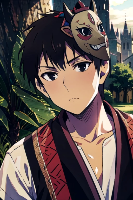 masterpiece, best quality, photorealistic, 1boy, solo, male focus, looking at viewer, , depth of field, , realistic, <lora:kaikoku_onigasaki:0.70>, kaikoku_onigasaki, black hair, black eyes, mask, mask on head, short sleeve shirt, caps, medieval village,