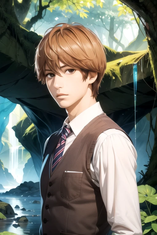 masterpiece, best quality, illustration, 1boy, solo, male focus, looking at viewer, upper body, , , realistic, <lora:makoto_sunakawa:0.70>, makoto_sunakawa, brown hair, brown eyes, suit vest, , The Crystal Cave: A fantastical place where gemstones and crystals grow in abundance,