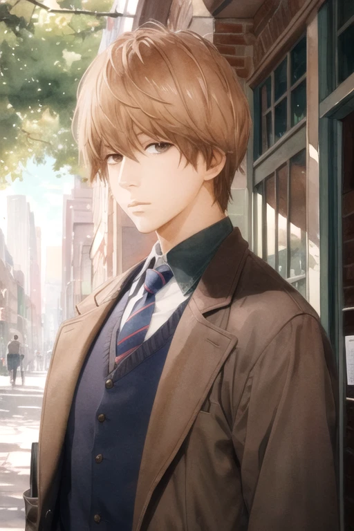 masterpiece, best quality, illustration, 1boy, solo, male focus, looking at viewer, upper body, depth of field, (watercolor illustration, soft pastel colors:1.1), , <lora:makoto_sunakawa:0.72>, makoto_sunakawa, brown hair, brown eyes, gothic costume, The City of Glas, HDR