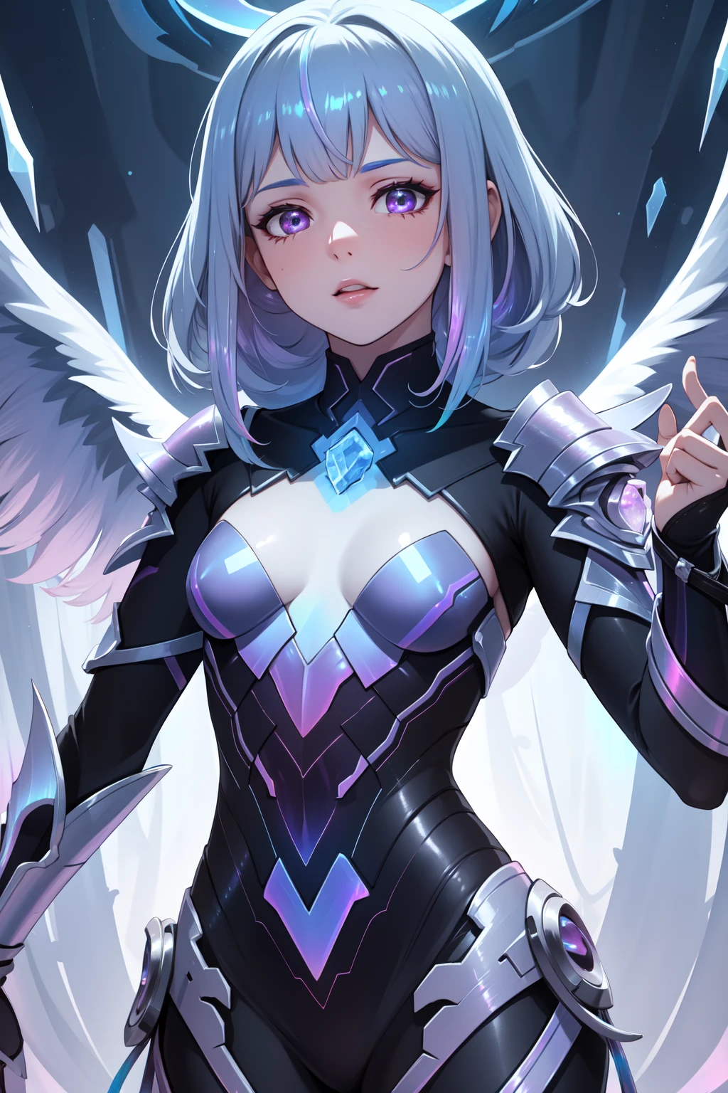 ((best quality)), masterpiece:1.3, girl, small breasts, <lora:DemonicTech-20:.6> demonictech, ((((iridescent)))), shiny, cleavage,sexy pose,glowingrunesai_pink, asymmetrical, <lora:gl0w1ngR3(1)Civit:0.5>