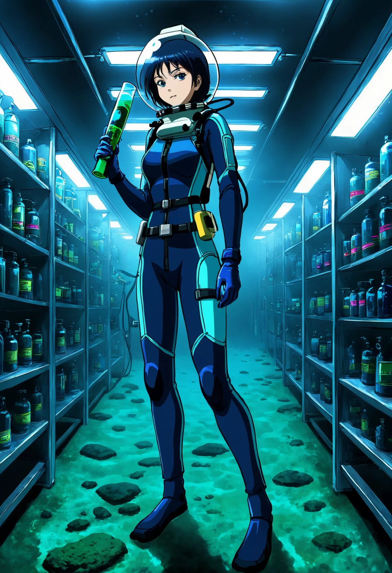Pretty female scuba diver, (working in a high tech biological hazard lab:1.4), holding a test tube, (inspecting test tubes with strange glowing content:1.4), mature, ((full body diving suit)), gloves, medium breasts, (1girl), (alone), ((underwater)), weight belt, ((lama scuba helmet)), detailed face, ((perfect anatomy)), ((perfectly drawn face)), ((perfectly drawn hands)), ((perfectly drawn eyes)), ((mysterious, dangerous, oppressing) atmosphere), anime still, wide angle view, best quality, masterpiece, ultra high res, ultra detailed, sharp focus, <lora:lama_scuba_helmet_xl-000012:0.85>
