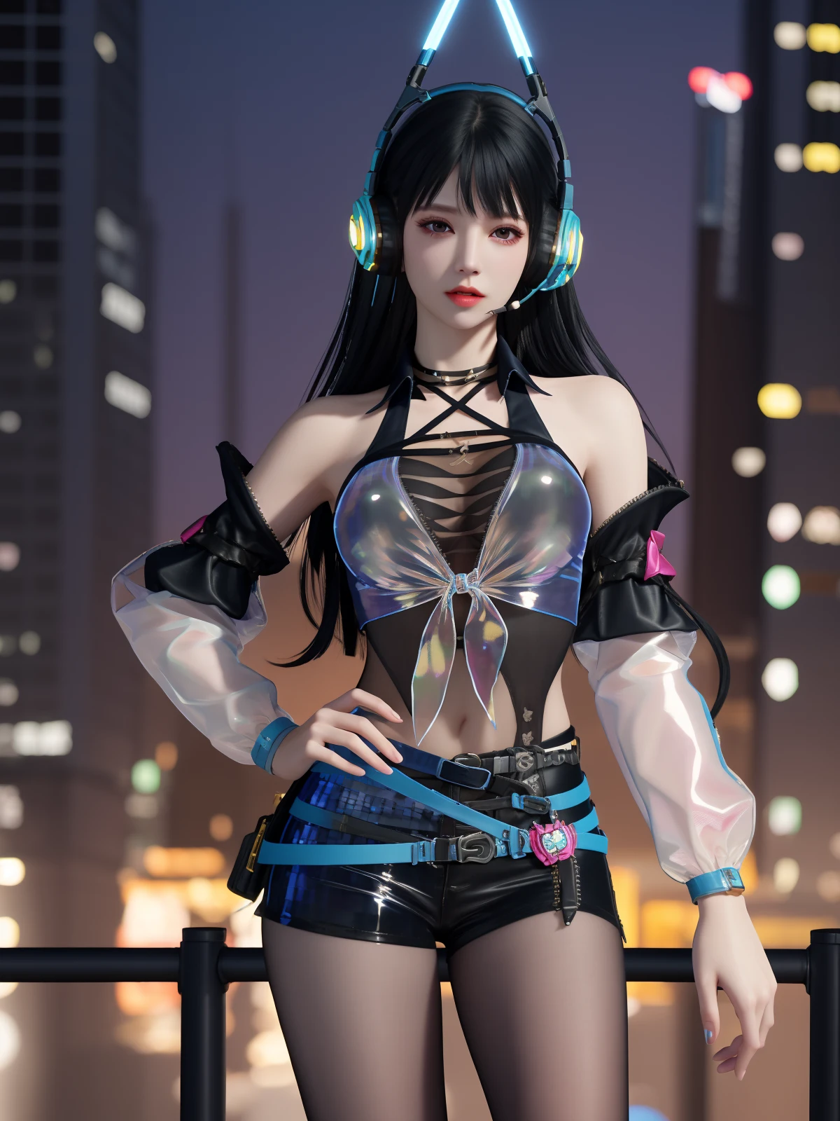 YJWJjiyingyingDL, 1girl, solo, long hair, black hair,headphones, socks, see-through, belt, bangs, zipper, bare shoulders, choker, jewelry,lips, breasts,detached sleeves, black pantyhose, shorts, <lora:YJWJjiyingyingDL:0.75>,cityscape, night,looking at viewer, mature female, hand on hip,