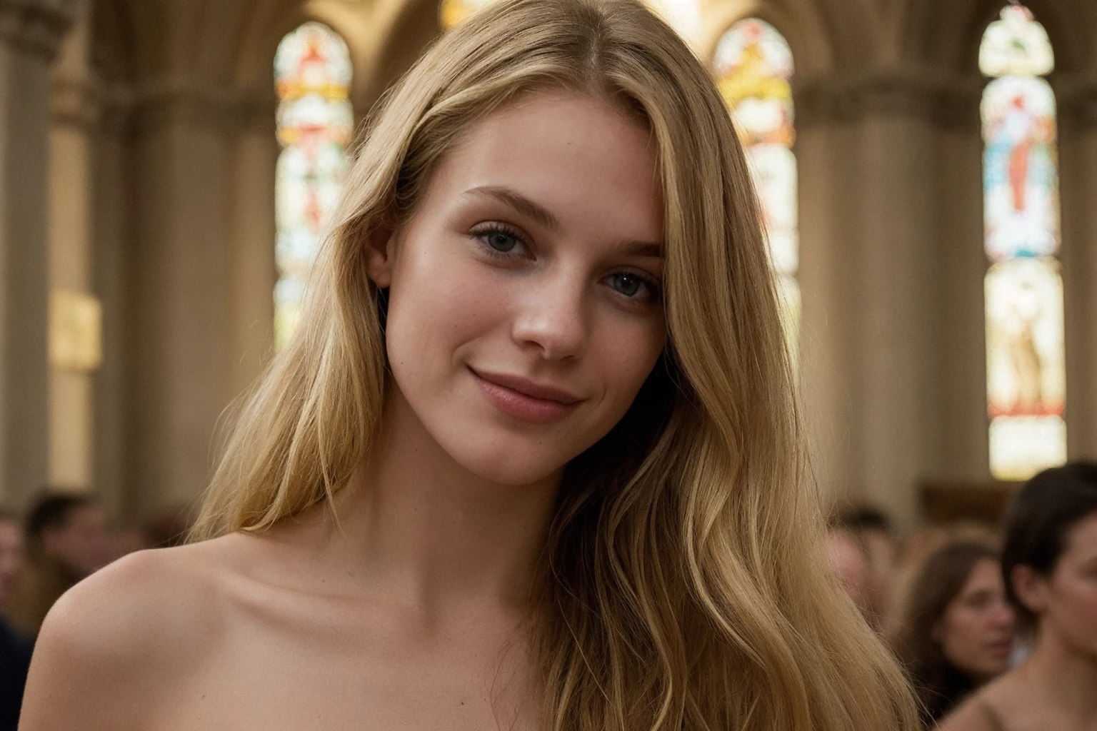 a photo of a blonde girl, (topless), beautiful face, wearing a tube top, in a crowded church, best quality