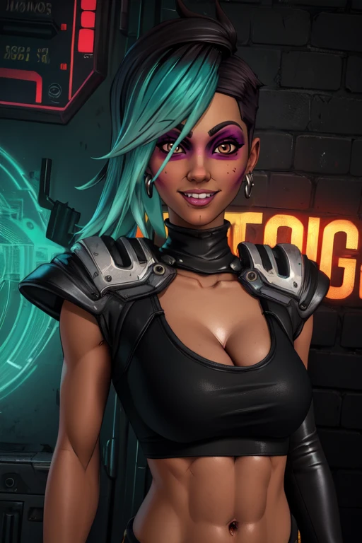 Lorelei, multicolored hair, brown eyes, smile, teeth,
earrings, black shirt, face paint, midriff, gloves, cleavage,
upper body, solo, smile, leaning on wall, abs,
neon lights, futuristic city, cafe,
(insanely detailed, beautiful detailed face, masterpiece, best quality) <lora:Lorelei:0.7>