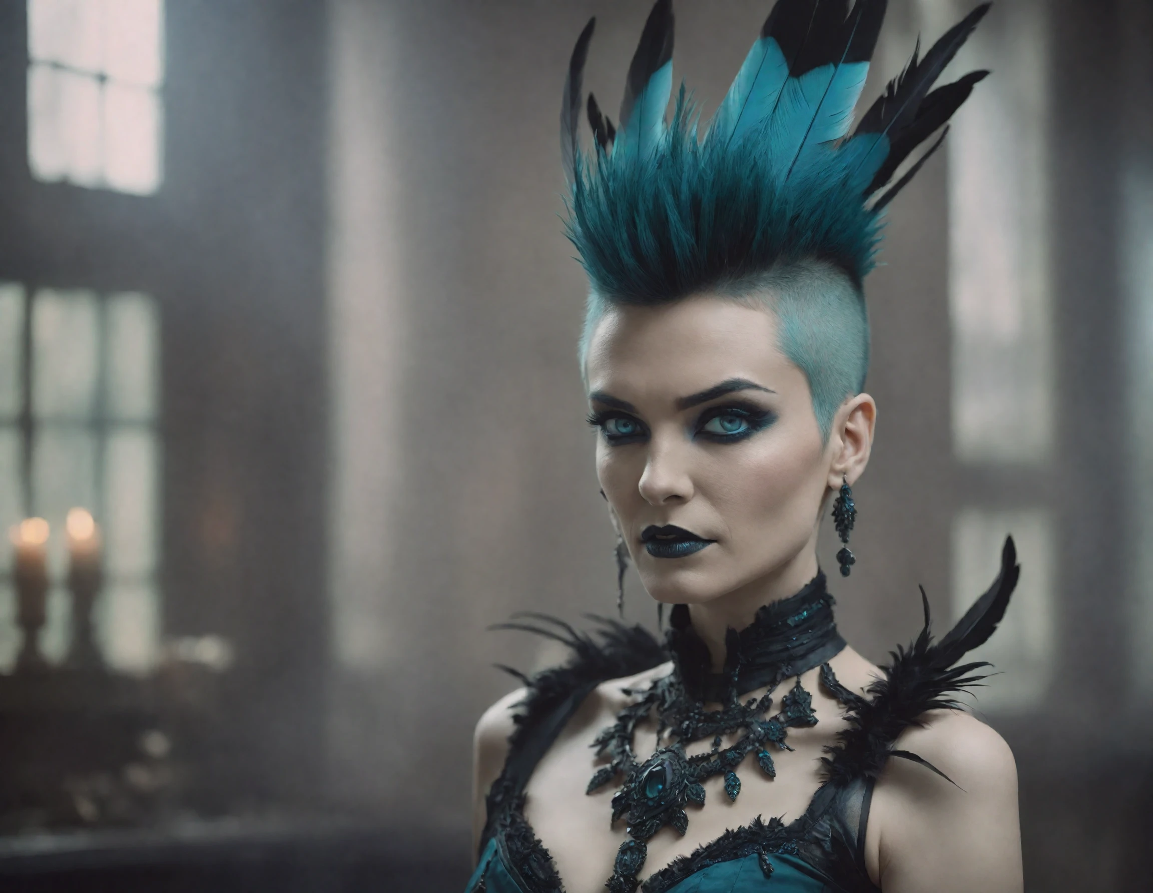 f/1.4, square image, close up film photo, portrait of a necromancer, blue black fauxhawk, dark teal eyes, feathers and bone jewelry, elegant pose, atmospheric lighting, cinematic composition, detailed, spring, mood, Dark comedy, digital cinematic color grading natural lighting cool shadows warm highlights soft focus actor directed cinematography dolbyvision Yoji Shinkawa, involved in a project