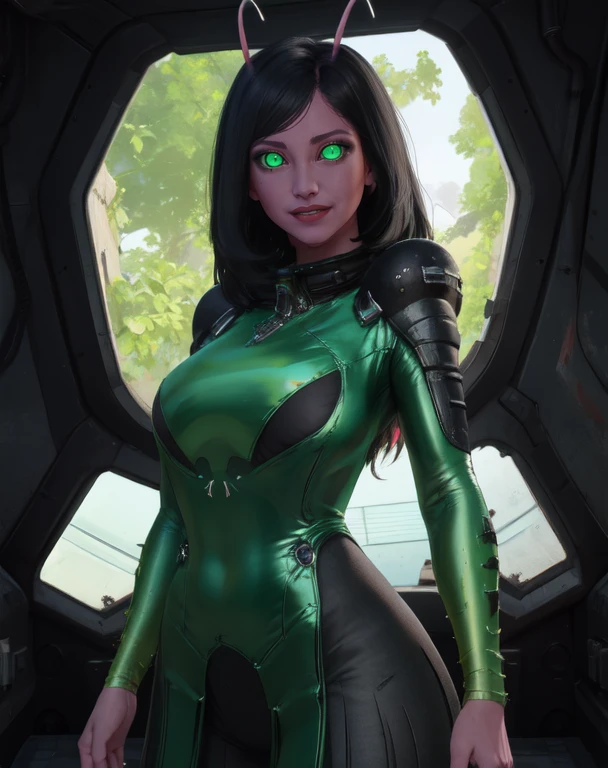 mantis, black hair, green eyes, antennae, glowing eyes,
looking at viewer, upper body,
black and green bodysuit, standing, light smile,
inside, spaceship, good vibes, cowboy shot,
(insanely detailed, beautiful detailed face, masterpiece, best quality),
<lora:mantis:0.8>