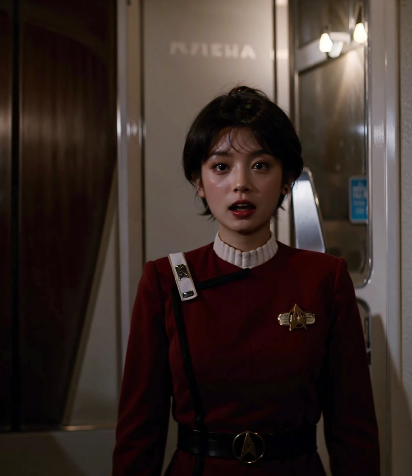 young asian woman with short hair in twokunf , in a hallway,screaming,badge<lora:TWOKunf:0.8>