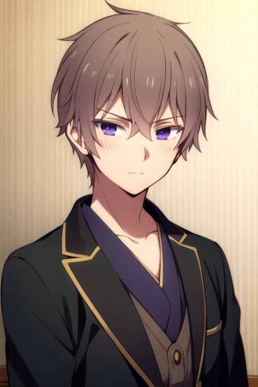 masterpiece, best quality, wallpaper, 1boy, solo, male focus, looking at viewer, upper body, , , realistic, <lora:zakuro_oshigiri:0.72>, zakuro_oshigiri, brown hair, purple eyes, , french costume, pagoda, 12k resolution