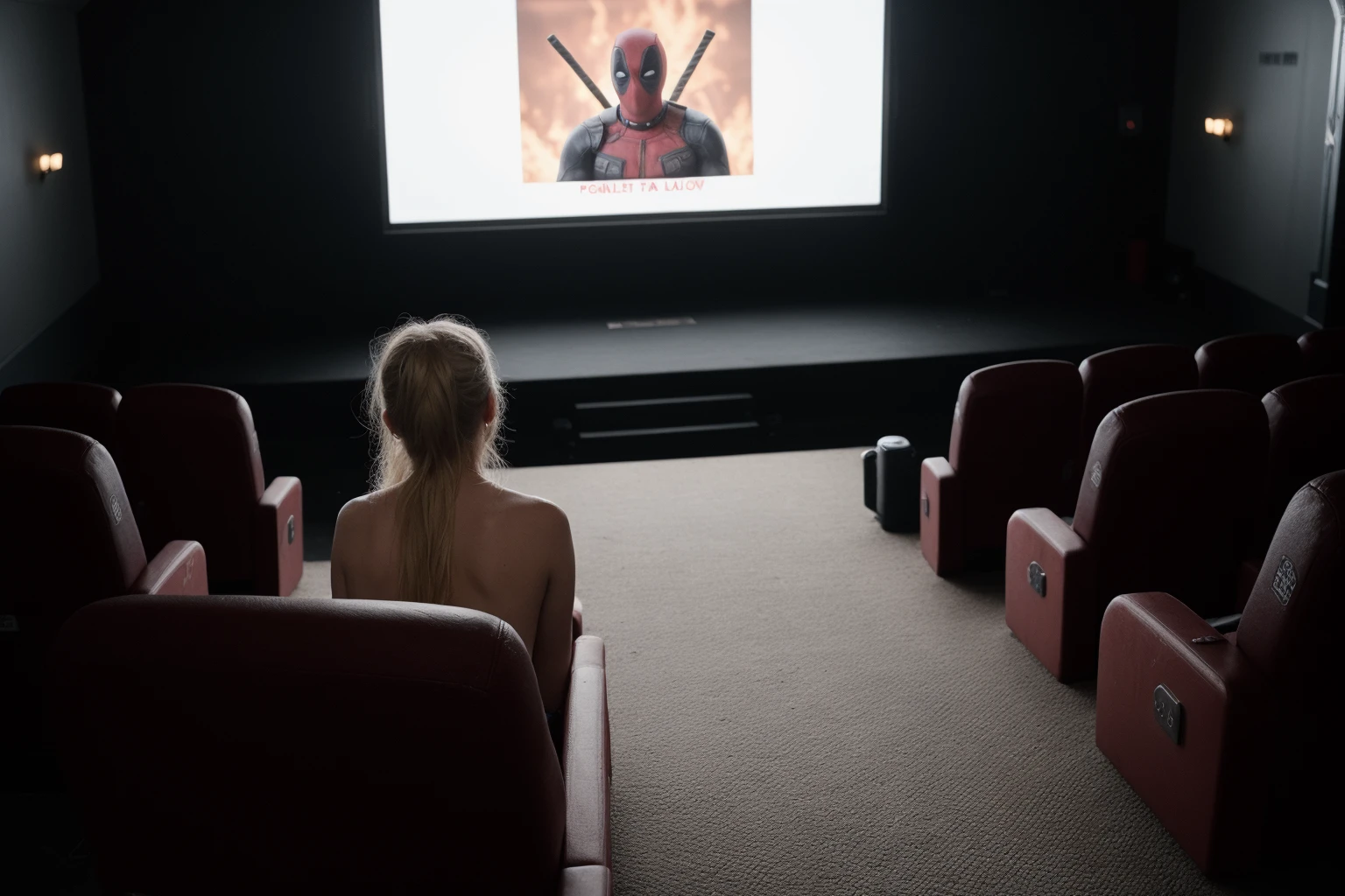 photo girl, naked, at a cinema, watching deadpool movie, red seats, detailed beautiful eyes, messy blond bun hair, hard focus, in center, natural lighting, (8k, hdr, high quality raw photo:1.2), from rear