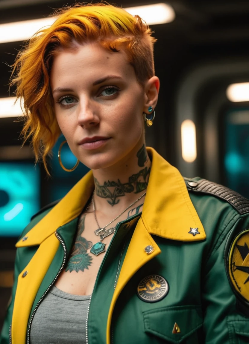 neonpunk style, analog photo, (piercings, tattoos:1.5), (fractal:1.3), Cluttered, european dark Butterscotch haired woman, (natural skin, freckles), flight jacket, cyberpunk, vaporwave, neon, vibes, vibrant, stunningly beautiful, crisp, detailed, sleek, ultramodern, Star command blue highlights, dark Green-yellow (Crayola) shadows, high contrast, cinematic, ultra detailed, (intricate:1.3), professional, film grain, grainy  <lora:Kara_Thrace:0.5>  <lora:add-detail-xl:1>