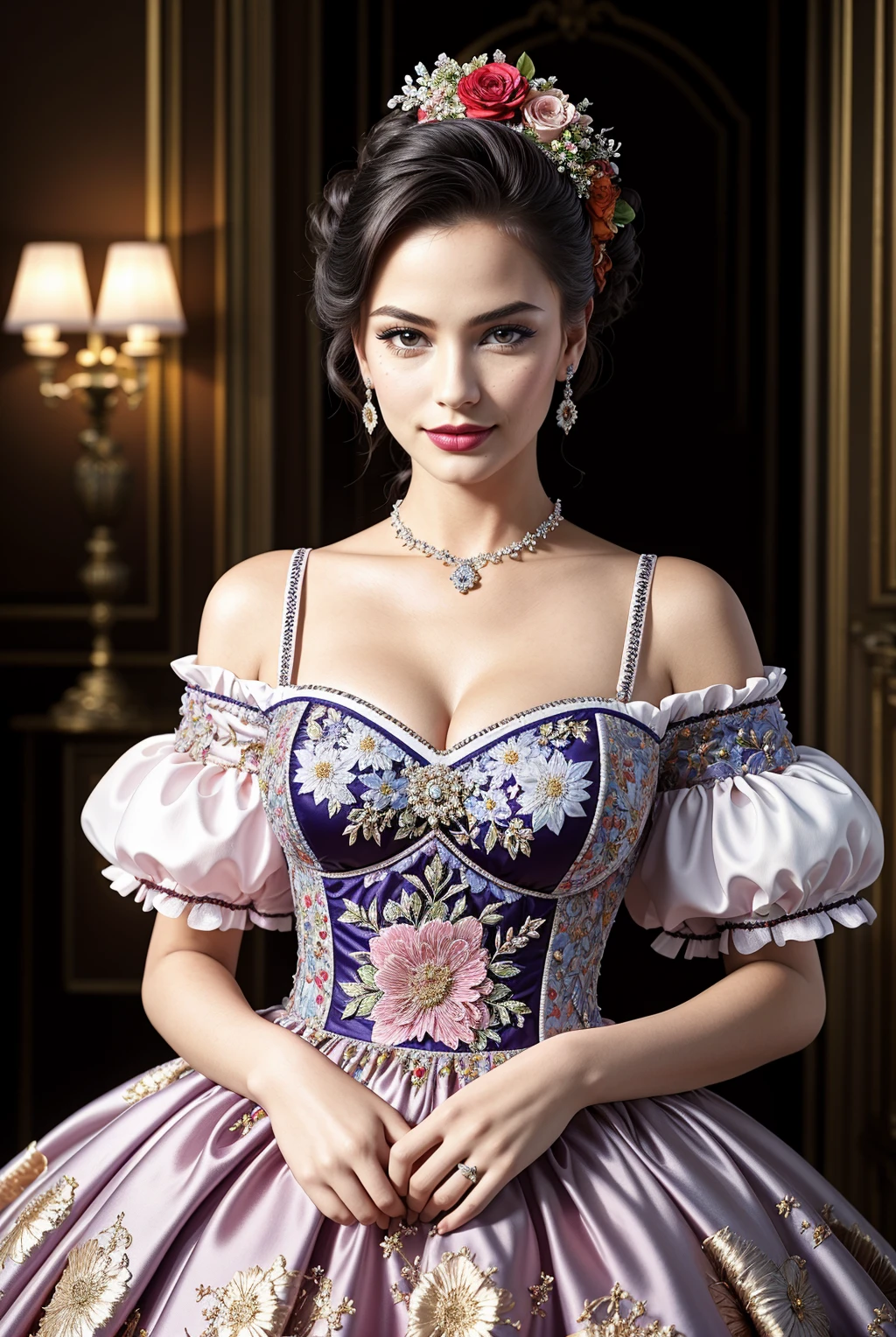((Masterpiece, best quality,edgQuality)),smirk,smug,
ballgown,edgVTD, a woman wearing a floral dress ,wearing edgVTD,
<lora:edgTeaGowns:1>