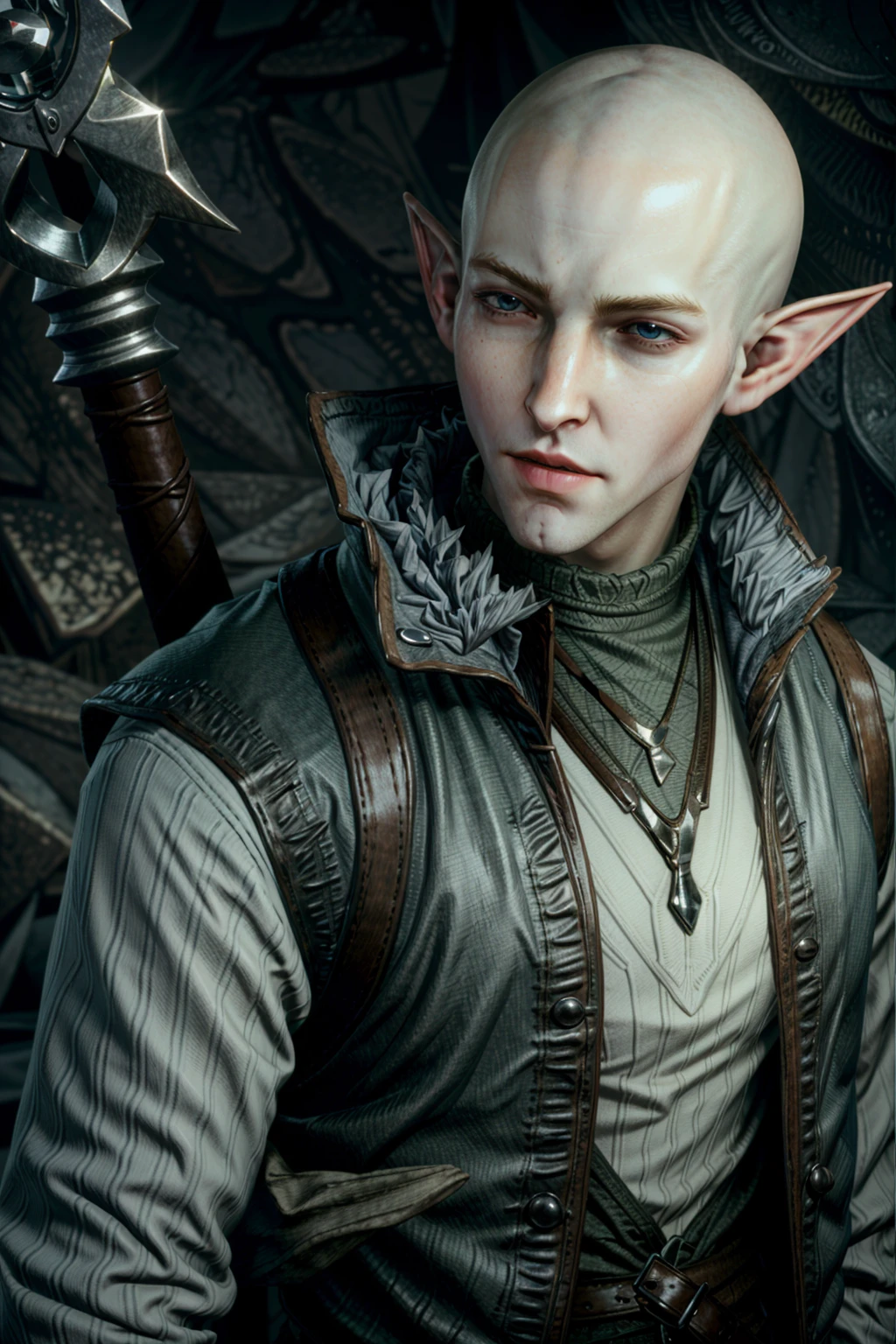 (masterpiece, best quality)
solo, 1boy, jewelry, upper body, weapon, male focus, pointy ears, necklace, vest, elf, realistic, bald, SolasDA
<lora:epi_noiseoffset2:1>, <lora:add_detail:0.8>, <lora:SolasDA:0.8>