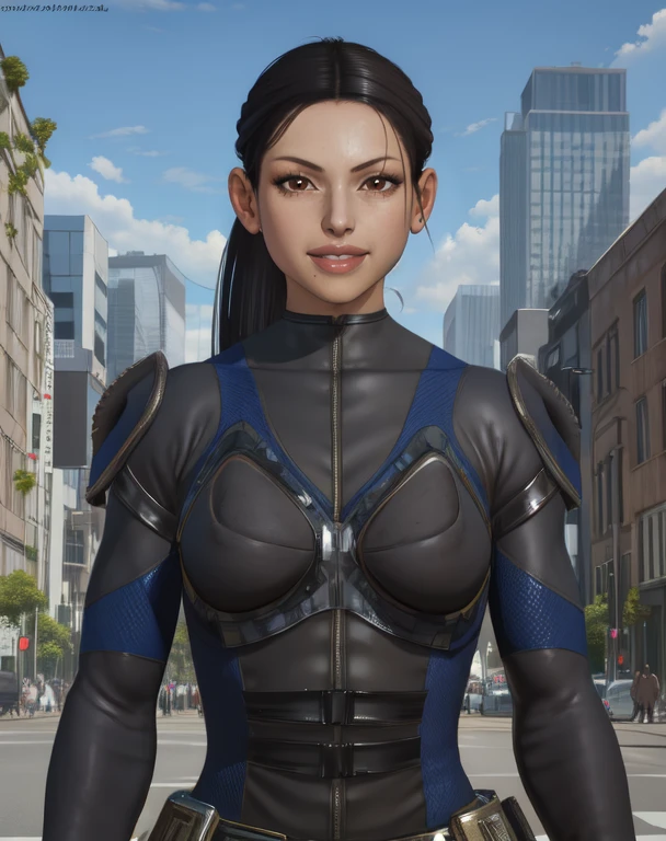 faye, ponytail, lips, black hair, brown eyes,
black body suit, armor,
looking at viewer, solo, standing, upper body, smile,
city, futuristic,
(insanely detailed, beautiful detailed face, masterpiece, best quality),
<lora:faye:0.8>