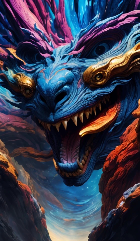 Abstract, 8K, photo shot from front, mid-body portrait, highly-detailed, (flat color:1.1),(colorful:1.3),(masterpiece:1.2), best quality, masterpiece, original, extremely detailed wallpaper, looking at viewer, oriental city,eastern architecture,monster shouting,a lot of details,mysterious expression, in a modern and abstract setting, with bold and colorful abstract art, blurred background, bright lighting,abstract dream, space, intricate, grand scale, alone, cinematic film still, insane detail, sharp focus, depth of field, realistic lighting, (realistic perspective), complex, (multiple subjects), 4k HDR,<lora:add_detail:0.5> <lora:more_details:0.25> <lora:20230530123038:0.25>