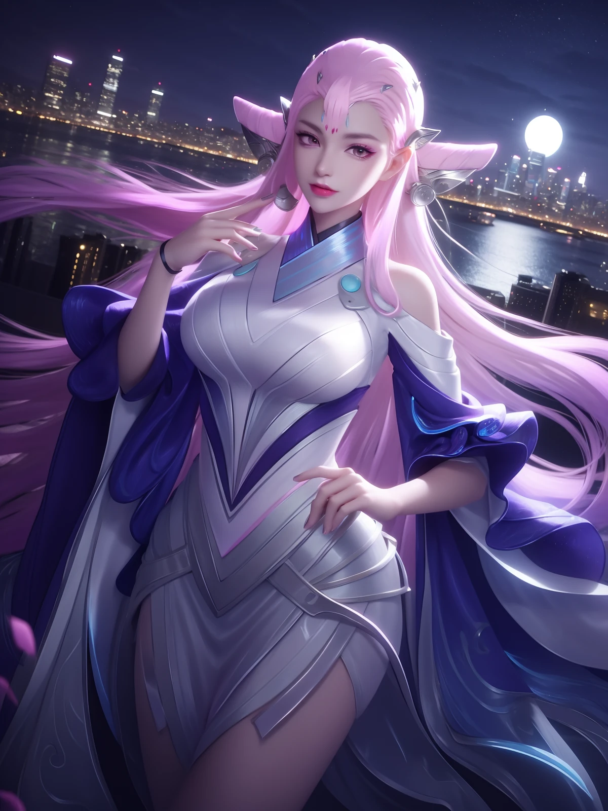 WZRYdiaochanMWHY, 1girl, long hair, solo, pink hair,wide sleeves,dress,headgear,bangs,pink eyes,glowing,double bun,  <lora:WZRYdiaochanMWHYxxii:0.75>,cityscape, night,looking at viewer, mature female, cowboy shot, hand on hip,