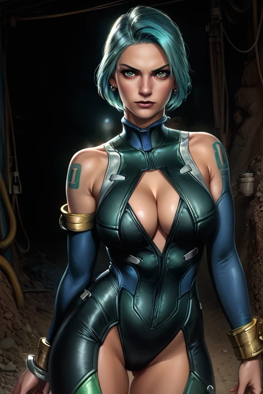 Uranus, aqua hair, green eyes, shoulder tattoo with 03,
bodysuit, cleavage cutout, elbow sleeves, chain collar, wrist cuffs, thigh boots,
looking at viewer, solo, serious, cowboy shot, cameltoe,
underground facility, lab,
(insanely detailed, beautiful detailed face, masterpiece, best quality), <lora:Uranus:0.7>