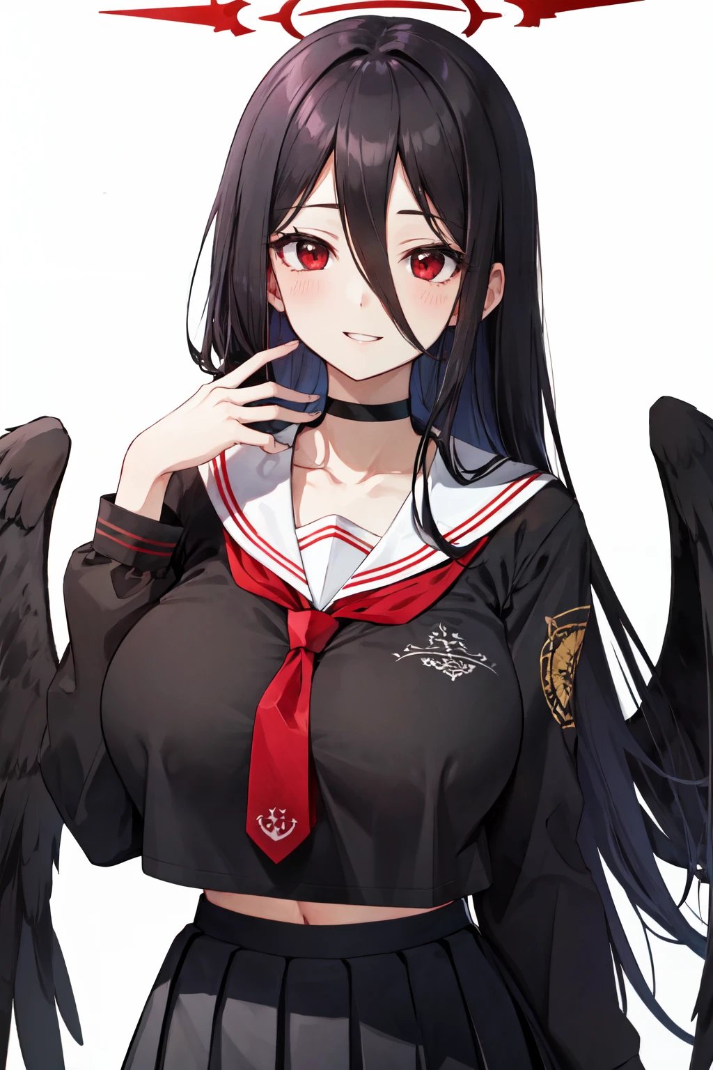 <lora:hasumi-v2:1>hasumi ba, panties, long hair, simple background, long sleeves, choker, solo,black shirt, school uniform, sailor collar, black hair, upper body, white background, wings, huge breasts, blush, necktie, serafuku, 1girl,  black choker, looking at viewer, red necktie, hair between eyes, black skirt,pleated skirt, red eyes, halo,black wings, smile,happy,parted lips